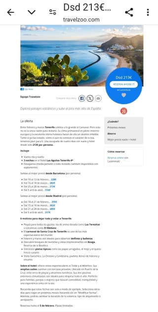 Tenerife 4 días con Hotel y vuelos en Carnaval desde 213€.