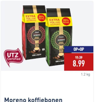 Moreno koffiebonen 1.2 kilo voor €8.99 bij de Aldi