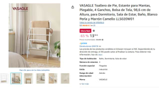 VASAGLE Toallero de Pie, Estante para Mantas, Plegable, 4 Ganchos por 13,99€