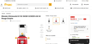 Blender KitchenAid K150 5KSB1325EER - 650W, 1.4L, 3 Vitesses variables, Fonctions Glace pilée & Impulsion (Rouge Empire) à 94,99€