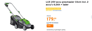 Grasmaaier LUX 20V accu 33cm incl. 2 accu's 4,0Ah + lader voor €179 bij de Gamma