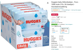 Huggies billendoekjes - Pure 99% water - 18 x 56 stuks - 1008 doekjes - voordeelverpakking voor €14,89 bij Amazon