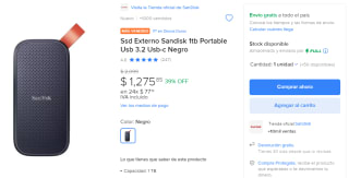 SSD Externo Sandisk 1TB USB-C 3.2 por $1,276 en Mercado Libre