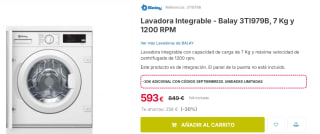 Lavadora Integrable - Balay 3TI979B, 7 Kg y 1200 RPM por 573€