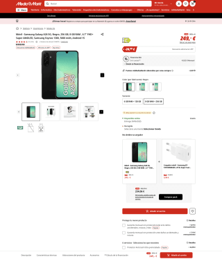 Samsung Galaxy A26 5G Negro 256 GB 8 GB RAM 6.7" FHD+ Super AMOLED Samsung Exynos 1380 5000 mAh Android 15 por solo 221,40€