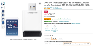 SD Samsung Pro Plus SD 128GB + Lector por $298 en Amazon