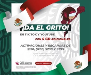 5 GB Extras Gratis al Recargar $120 o mas en CFE TEIT