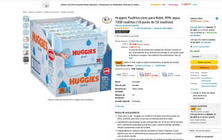 18 Pack Toallitas Huggies pure para Bebé 99% agua 1008 toallitas por 16,14€