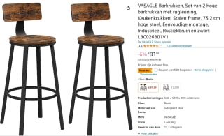 Set van 2 Vasagle barkrukken voor €61,99 bij Amazon NL