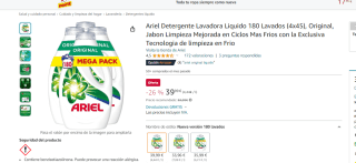 Ariel Detergente Lavadora Liquido 180 Lavados por 39.99€