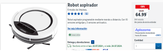 Robot aspirador programable mediante mando a distancia. Con 10 sensores antigolpe y 3 sensores antivuelco. por 64.99€