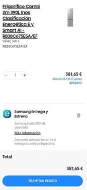 Frigorífico Samsung Combi 2m 390 Litros de Acero Inoxidable por 381,65€