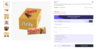 Twix Chocolatina con Galleta crujiente y suave caramelo recubiertos de chocolate con leche (25 x 50g) por 10,49€