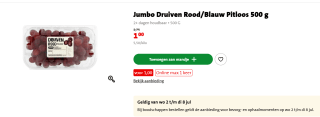 500 gr Druiven Rood/Blauw Pitloos voor €1 bij de Jumbo