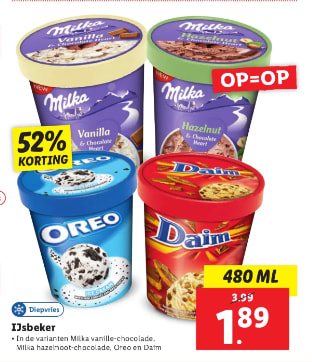 Ijsbeker Daim, Oreo of Milka voor €1,89 bij de Lidl