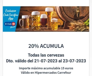 20% acumula en Cheque ahorro en Cervezas en Carrefour