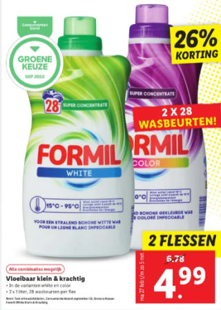 Formil wasmiddel klein en krachtig: white en color 2 flessen voor €4,99 bij de Lidl