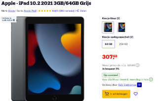 Apple iPad 10.2 (2021) 64GB grijs voor €307,48 bij Bol
