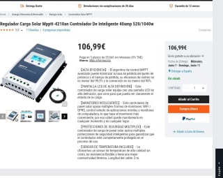 Regulador carga solar Mpptt-4210an 40amp 520/1040w por 106,99€