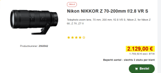 Nikon Z 70-200mm f/2.8 VR S voor €2.129 bij Proshop