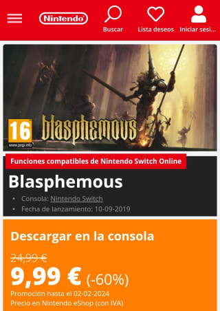 Blasphemous Nintendo Switch por 9,99€.