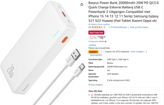 Baseus Power Bank 20000mAh 20W PD QC3.0 Quick Charge voor €12,74 bij Amazon
