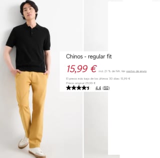 2 Pantalones Chinos Regular fit para Hombre por 15.99€