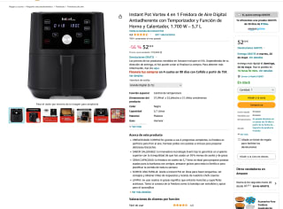 Freidora Instant Pot Vortex 4 en 1 de Aire Digital Antiadherente Función de Horno 700W 5,7 L por solo 52,59€