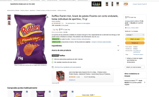 Ruffles Flamin Hot Snack de patata Picante con corte ondulado 75 gr por 1,29€