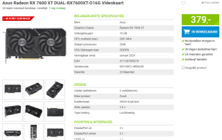 Asus Radeon RX 7600 XT DUAL met 40 € cashback