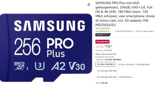Samsung PRO Plus microSD/SD - 180MB/s - 256GB + SD-adapter voor €15,99 bij Amazon