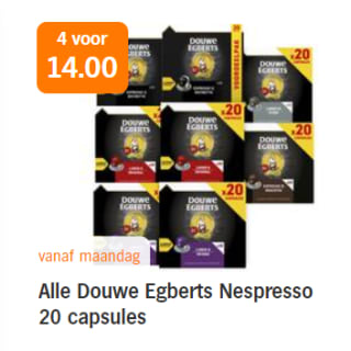 Alle Douwe Egberts Nespresso 20 capsules-4 verpakkingen voor €14 bij de AH