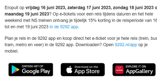 15% korting op NS treinreis met de 9292 app
