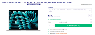 Apple MacBook Air (2024) 15.3" - M3 - 8 GB - 512 GB - Zilver voor €1.249 bij Azerty