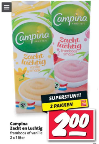 Campina luchtig toetje framboos of vanille voor €2 bij Nettorama