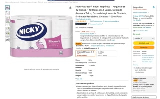 Paquete Nicky Ultrasoft Papel Higiénico 12 Rollos 140 Hojas de 2 Capas Delicado Aroma a Talco por 2,83€