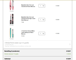 1+2 gratis op Mascara A-merken zoals L'oreal Paris, Maybelline, Max Factor en Rimmel Bij kruidvat