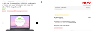 Portátil - Acer Chromebook Plus 514 CB514-3H con Google AI, 14" WUXGA, AMD Ryzen™ 5 7520C, 8GB RAM, 256GB SSD, Radeon™ 610M, Google ChromeOS por 395.87€