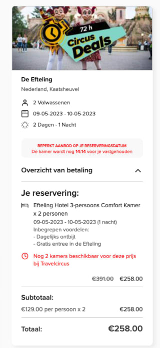 Tickets voor 2 dagen Efteling + Efteling Hotel / Vakantiepark met ontbijt voor 2 personen voor €129 p.p. via Travelcircus