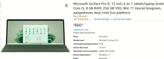 Microsoft Surface Pro 9 i5-1235U, 8GB ram, 256GB opslag voor €866,89 bij Amazon