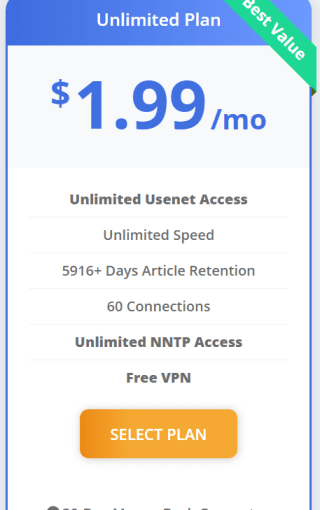Easynews Usenet unlimeted plan voor $1,99 per maand