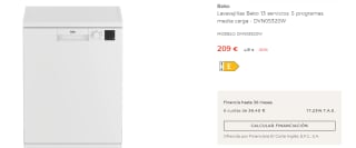 Lavavajillas Beko con 13 servicios, 5 programas, media carga por 209€