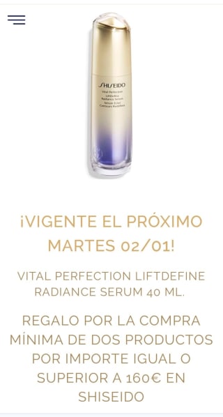 Regalo Vital Perfection Liftdefine Radiance Serum Shiseido 40ml por compra 160€ o mas.