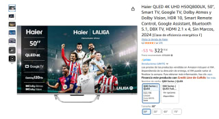 Haier QLED 4K UHD H50Q800UX, 50", Smart TV, Google TV, Dolby Atmos y Dolby Vision por 322,15€