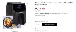 Freidora de aire - Princess 182024, 3.5 l, Hasta 5 raciones, 1350 W, 3.5l, 80-200 °C por 54.99€