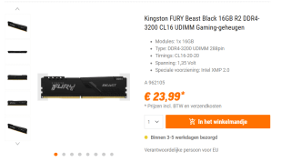 Kingston FURY 16 GB DDR4-3200 Kit werkgeheugen voor €23,99 bij NBB