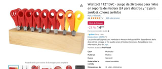 Juego de 36 tijeras para niños en soporte de madera (24 para diestros y 12 para zurdos) por 14,67€