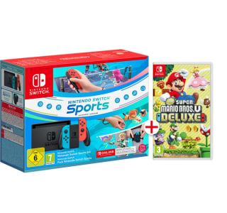 Pack Nintendo Switch Normal con Switch Sports cinta pierna y 12 Meses de Online + New Super Mario Bros U Deluxe + juego Boardwalk Arcade 2 por solo 334,95€ (Nuevos usuarios por 200,97€)