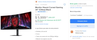 Monitor Xiaomi Curved Gaming 34'' G34wqi por $5,999 en Mercado Libre