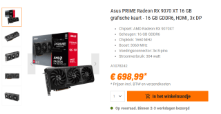 ASUS Prime Radeon RX 9070 XT OC voor €698,55 bij Nbb